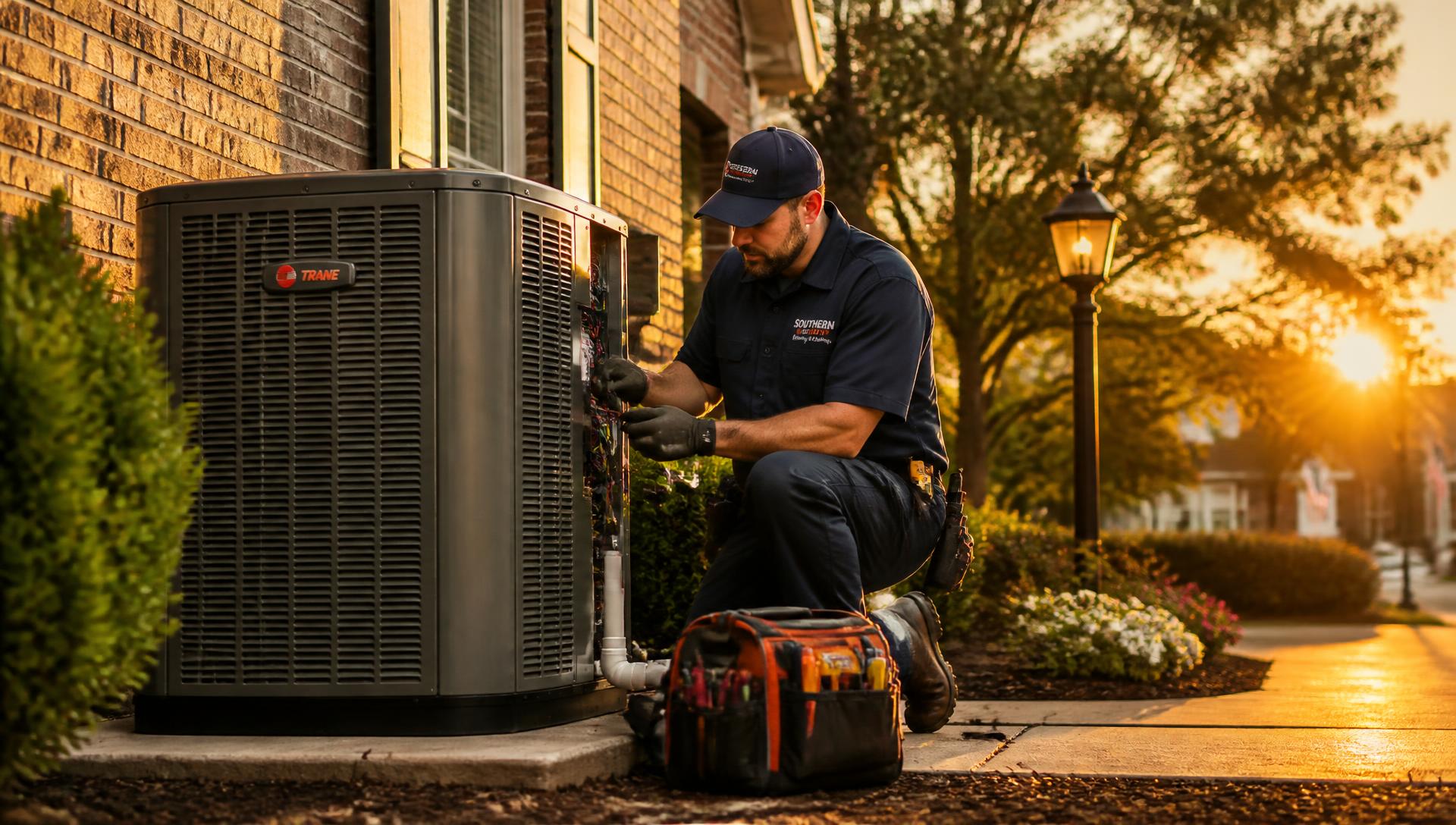 J&J Mechanical technician servicing an HVAC system in Southside Virginia