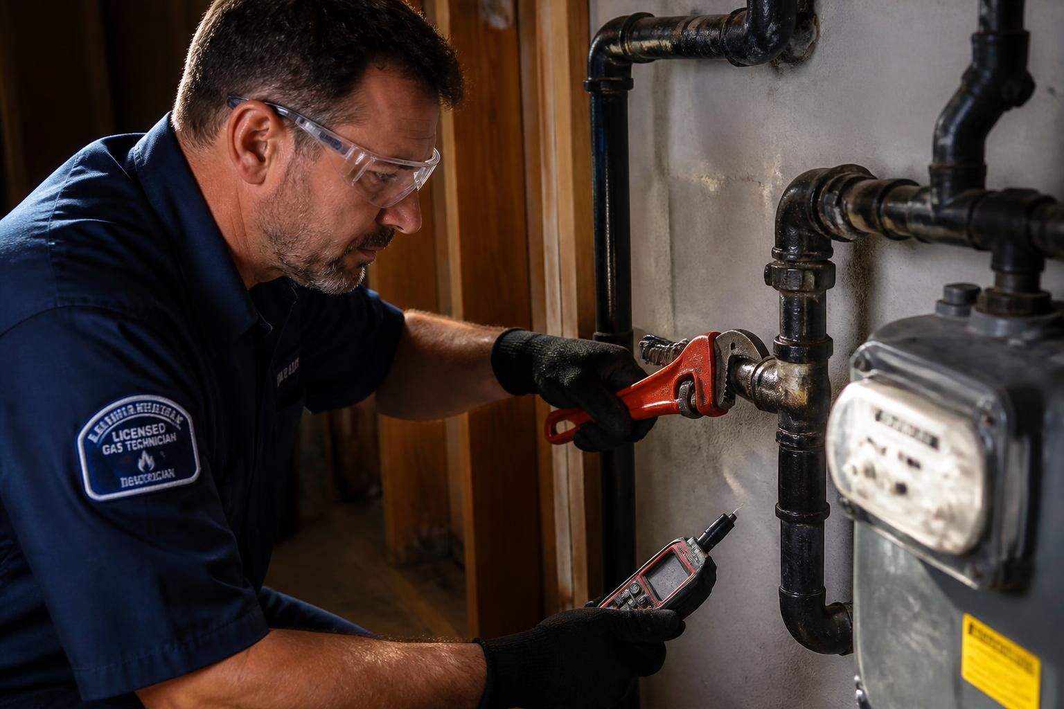Licensed gas technician installing black iron gas piping beside a meter
