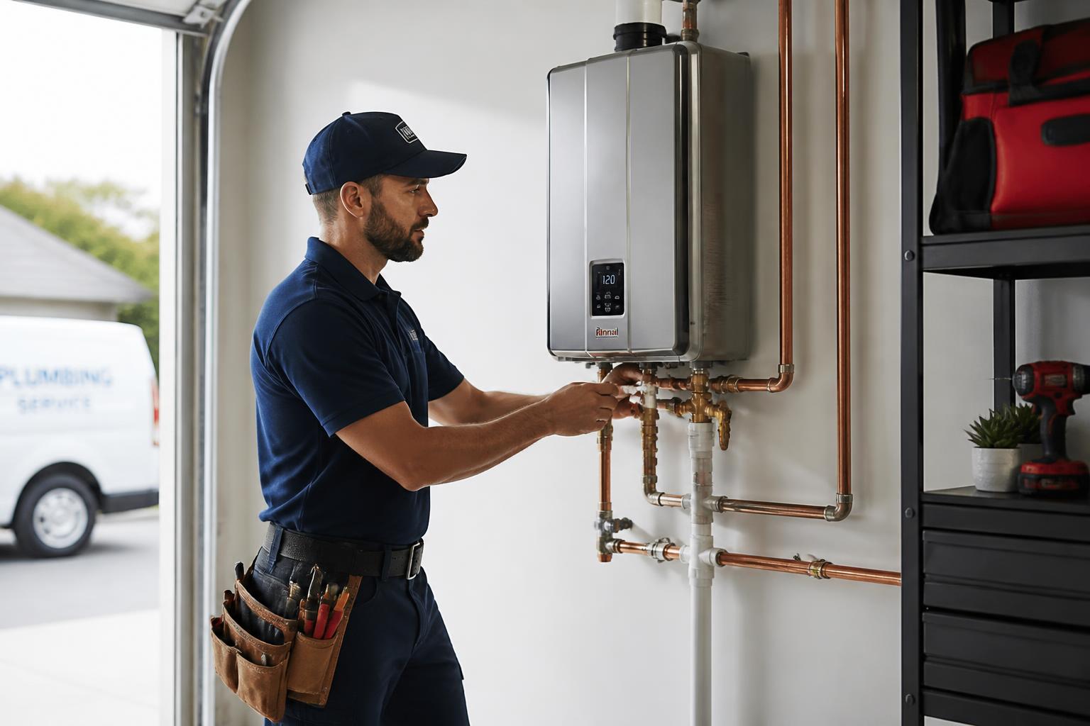Plumber testing the heating element and thermostat on a residential water heater